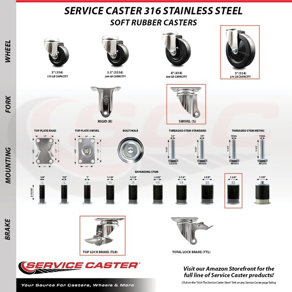 Service Caster 5 Inch 316SS Soft Rubber Swivel 1-3/4 Inch Expanding Stem Caster Set Brake SCC SCC-SS316EX20S514-SRS-TLB-134-4 - main